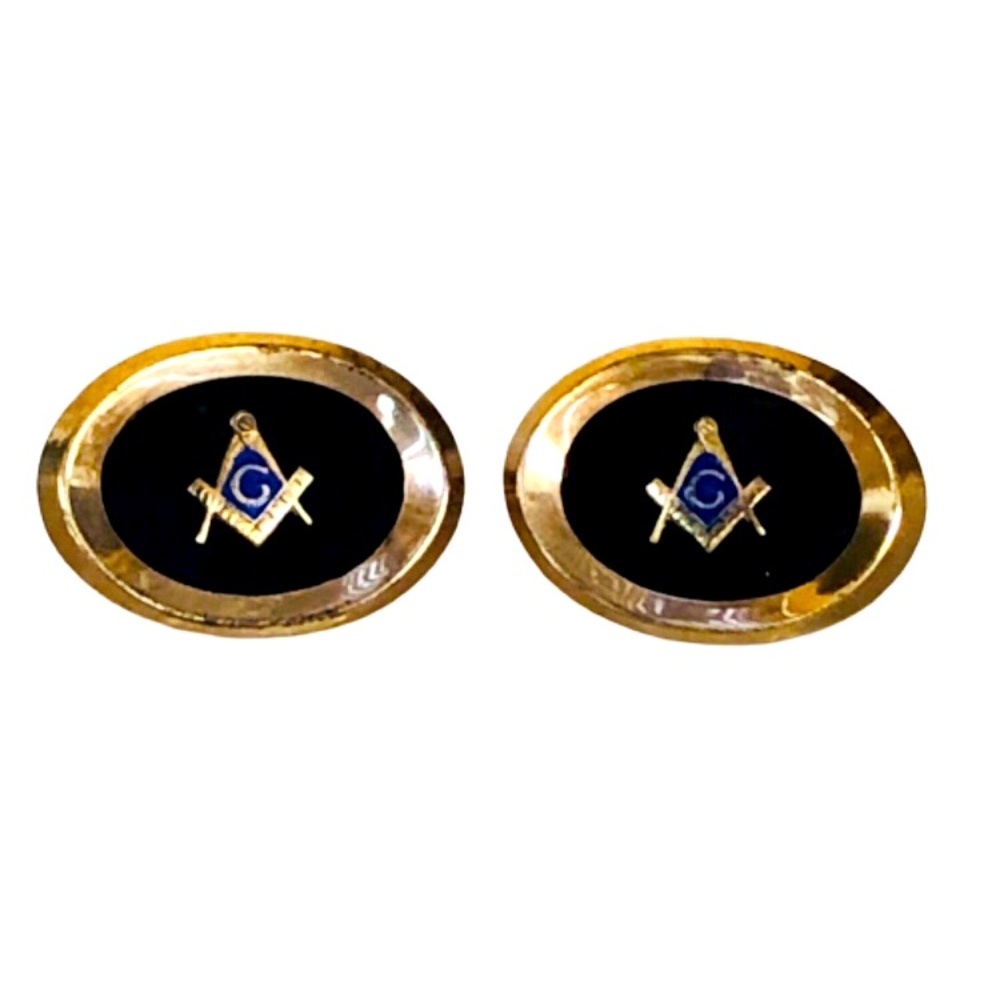 Vintage G Masonic Masons Logo Enamel oval Onyx Cufflinks Gold Filled